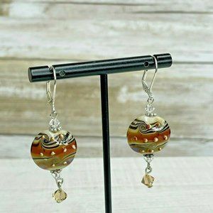 Artisan Crafted Earrings Dangle Tan Gold Enamel Bead Drop Artsy
